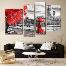 Load image into Gallery viewer, Clock Tower Canvas Print London Red Tree Umbrella Couple Canvas Set Black and White Big Ben  4 Piece Canvas Wall Art 
