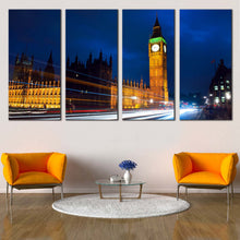 Load image into Gallery viewer, Clock Tower Canvas Print London Red White Light Trail Split Canvas Westminster Blue Sky Canvas Set England Gold Big Ben  4 Piece Canvas Wall Art For Living Room
