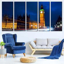 Load image into Gallery viewer, Clock Tower Canvas Print London Red White Light Trail Split Canvas Westminster Blue Sky Canvas Set England Gold Big Ben  5 Piece Canvas Wall Art For Living room
