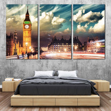 Load image into Gallery viewer, Clock Tower Canvas Wall Art England Gold Big Ben 3 Piece Split Canvas London City Red Light Trail Canvas Print Westminster Green Cloudy Sky Canvas Set For Bedroom
