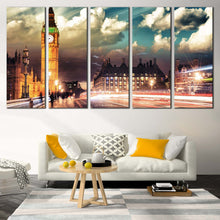 Load image into Gallery viewer, Clock Tower Canvas Wall Art England Gold Big Ben 5 Piece Split Canvas London City Red Light Trail Canvas Print Westminster Green Cloudy Sky Canvas Set For Living Room
