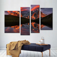 Load image into Gallery viewer, Cloudy Mountain Canvas Print Brown Mountain Reflection 4 Piece Canvas Wall Art Green Landscape Sunset Sky Canvas Set
