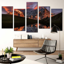 Load image into Gallery viewer, Cloudy Mountain Canvas Print Brown Mountain Reflection 5 Piece Canvas WallArt Green Landscape Sunset Sky Canvas Set For Living room
