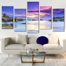 Load image into Gallery viewer, Cloudy Beach Canvas WallArt Blue Sky Sea 5 Piece Canvas Print Brown Stony Beach Scenery Multi Canvas Artwork In Living Room
