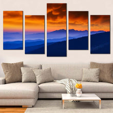 Load image into Gallery viewer, Cloudy Landscape Canvas Wall Art Ukraine Landscape Orange Sky Canvas Print Beautiful Blue Majestic Mountains  5 Piece Canvas Set
