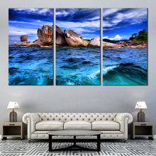 Load image into Gallery viewer, Cloudy Ocean Canvas Wall Art Blue Sky Tempest Seascape Multiple Canvas Brown Ocean Rocks  3 Piece Canvas Print For Living Room
