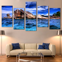 Load image into Gallery viewer, Cloudy Ocean Canvas Wall Art Blue Sky Tempest Seascape Multiple Canvas Brown Ocean Rocks  5 Piece Canvas Print For Living Room
