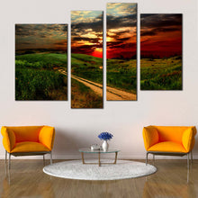 Load image into Gallery viewer, Cloudy Scenery Canvas Print Yellow Red Road Hills Sunset 4 Piece Multi Canvas Artwork Country Road Green Nature Scenery Canvas Wall Art
