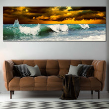 Load image into Gallery viewer, Cloudy  Sea  Canvas  Wall  Art  Yellow  Sky  Seascape  Canvas  Print  Green  Ocean  Waves  Living  Room  1  Piece  Canvas In Living Room
