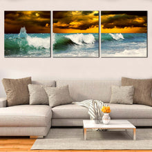 Load image into Gallery viewer, Cloudy  Sea  Canvas  Wall  Art  Yellow  Sky  Seascape  Canvas  Print  Living  Room  Green  Ocean  Waves  3  Piece  Canvas For Living Room
