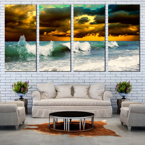 Cloudy Sea Canvas Wall Art Yellow Sky Seascape  Canvas Print Green Ocean Waves 4 Piece Canvas For Living room