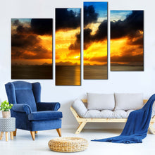 Load image into Gallery viewer, Cloudy Seascape Canvas Print Yellow Ocean Sky  4 Piece Canvas Wall Art Grey Sea Sunset Reflection Multi Canvas 
