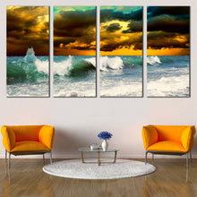 Load image into Gallery viewer, Cloudy Seascape Canvas Wall Art Green Ocean Waves 4 Piece Canvas Print Yellow Sky Sea Ocean  Multi Canvas In Living room
