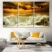 Load image into Gallery viewer, Cloudy Seascape Canvas Wall Art Sea Green Ocean Waves  3 Piece Canvas Print Dramatic Yellow Sky Multi Canvas Artwork For Living Room
