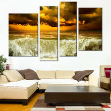 Load image into Gallery viewer, Cloudy Seascape Canvas Wall Art Sea Green Ocean Waves  4 Piece Canvas Print Dramatic Yellow Sky Multi Canvas Artwork 
