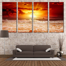 Load image into Gallery viewer, Cloudy Seascape Canvas Wall Art Yellow Sunset Sunshine Multiple Canvas  Orange Ocean Sky 4 Piece Canvas Print In Living Room
