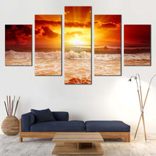 Load image into Gallery viewer, Cloudy  Seascape  Canvas  Wall  Art  Yellow  Sunset  Sunshine  Multiple  Canvas  Living  Room  Orange  Ocean  Sky  5  Piece  Canvas  Print
