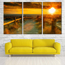 Load image into Gallery viewer, Cloudy Sky Canvas Print Yellow Ocean Sunset  Triptych Canvas Set Orange Ocean Beach 3 Piece Canvas Wall Art For Living Room
