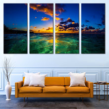 Load image into Gallery viewer, Cloudy Sky Canvas Wall Art Blue North Shore of Oahu Canvas Set Yellow Hawaiian Sunset  4 Piece Canvas Print For Living Room
