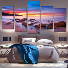 Load image into Gallery viewer, Cloudy Sky Canvas Wall Art Boulders Yellow Seascape Canvas Print Purple California Coast Ocean Rocks  5 Piece Canvas For Your Bedroom
