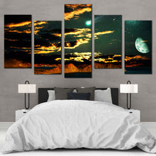 Load image into Gallery viewer, Cloudy Sky Canvas Wall Art Brown Mountain Scenery Canvas Print Green Full Moon Starry Sky  5 Piece Multi Canvas For Bedroom
