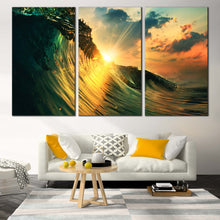 Load image into Gallery viewer, Cloudy Sky Canvas Wall Art Yellow Ocean Sunset 3 Piece Multi Canvas Green Ocean Waves Falling Canvas Print For Living Room
