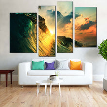 Load image into Gallery viewer, Cloudy Sky Canvas Wall Art Yellow Ocean Sunset 4 Piece Multi Canvas Green Ocean Waves Falling Canvas Print 
