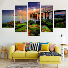 Load image into Gallery viewer, Cloudy  Sunset  Canvas  Wall  Art  Blue  Sky  Pier  Seascape  Living  Room  5  Piece  Multi  Canvas  Artwork  Green  Boulders  Sea  Canvas  Print For Living room
