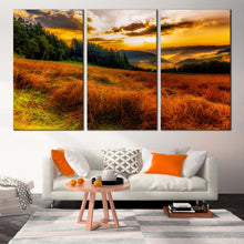 Load image into Gallery viewer, Cloudy Sunset Canvas Wall Art Green Trees Sun Rays 3 Piece Canvas Scenery Horizon Canvas Set Yellow Misty Landscape Mountain Hill  Canvas Print For Living Room
