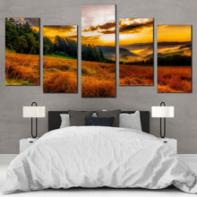 Load image into Gallery viewer, Cloudy Sunset Canvas Wall Art Green Trees Sun Rays 5 Piece Canvas Scenery Horizon Canvas Set Yellow Misty Landscape Mountain Hill  Canvas Print For Bedroom
