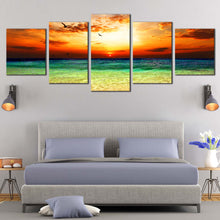 Load image into Gallery viewer, Cloudy Sunset Canvas Wall Art Orange Ocean Sky Canvas Set Beautiful Green Sea Ocean  5 Piece Canvas Print In Bedroom
