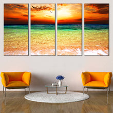 Load image into Gallery viewer, Cloudy Sunset Canvas Wall Art Orange Ocean Sky Canvas Set Beautiful Green Sea Ocean  4 Piece Canvas Print In Living room
