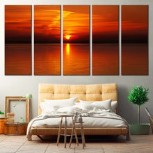 Load image into Gallery viewer, Cloudy Sunset Canvas Wall Art Orange Ocean Sky Multiple Canvas Dramatic Red Sky Cityscape Bedoom 5 Piece Canvas Print In Bedroom
