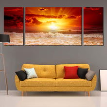 Load image into Gallery viewer, Cloudy Sunset Canvas Wall Art Orange Seascape Canvas Print Yellow Ocean Sky  3 Piece Canvas In Living Room
