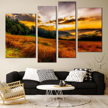 Load image into Gallery viewer, Cloudy Sunset  Canvas Wall Art Green Trees Sun Rays 4 Piece Canvas Scenery Horizon Canvas Set Yellow Misty Landscape Mountain Hill Canvas Print
