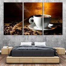 Load image into Gallery viewer, Coffee Beans Canvas Print White Coffee Cup Saucer  3 Piece Canvas Wall Art Brown Coffee Beans Triptych Canvas Set For Bedroom
