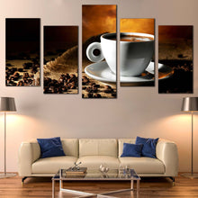 Load image into Gallery viewer, Coffee Beans Canvas Print White Coffee Cup Saucer  5 Piece Canvas Wall Art Brown Coffee Beans Canvas Set For Living Room
