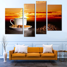 Load image into Gallery viewer, Coffee Beans Canvas Wall Art Coffee Cinnamon Sticks Canvas Print Cup Saucer Yellow Sunset 4 Piece Multi Canvas Artwork 
