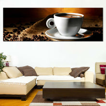 Load image into Gallery viewer, Coffee  Cup  Canvas  Wall  Art  Brown  Coffee  Beans  Canvas  Print  White  Coffee  Cup  Saucer  Living  Room  Panoramic  Canvas  Artwork In Living Room
