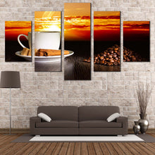 Load image into Gallery viewer, Coffee  Cup  Canvas  Wall  Art  Hot  Coffee  White  Cup  Canvas  Print  Brown  Cinnamon  Sticks  Coffee  Beans    5  Piece  Canvas  Set In Living Room
