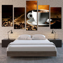 Load image into Gallery viewer, Coffee Cup Canvas Wall Art White Cup Saucer Multi Canvas Brown Coffee Beans  5 Piece Canvas Print For Bedroom
