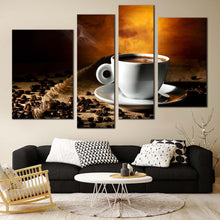 Load image into Gallery viewer, Coffee Cup Canvas Wall Art White Cup Saucer Multi Canvas Brown Coffee Beans   4 Piece Canvas Canvas Print
