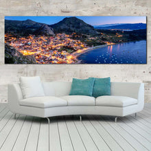 Load image into Gallery viewer, Copacabana Landscape Canvas Wall Art. Blue Lake Titicaca 1 Piece Canvas Print. Green Mountain City Beach Canvas Artwork In Living Room
