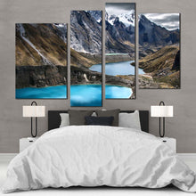 Load image into Gallery viewer, Cordillera Huayhuash Canvas Wall Art White Snow Covered Ocean Mountains 4 Piece Canvas Three Lagoons Scenery Canvas Set Brown Huayhuash Trek Landscape Multi Canvas
