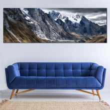 Load image into Gallery viewer, Cordillera  Huayhuash  Canvas  Wall  Art  White  Snow  Covered  Ocean  Mountains  Living  Room  1  Piece  Canvas  Three  Lagoons  Scenery  Canvas  Artwork  Brown  Huayhuash  Trek  Landscape  Wide  Canvas In Living Room
