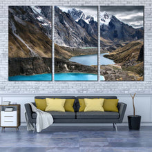 Load image into Gallery viewer, Cordillera Huayhuash Canvas Wall Art White Snow Covered Ocean Mountains  3 Piece Canvas Three Lagoons Scenery Canvas Set Brown Huayhuash Trek Landscape Multi Canvas In Living room
