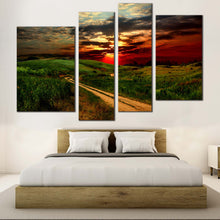 Load image into Gallery viewer, Country Road Canvas Wall Art Cloudy Red Sunset Sky  4 Piece Canvas Print
