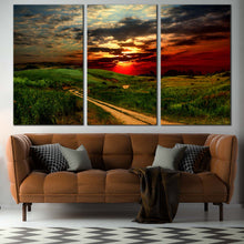 Load image into Gallery viewer, Country Road Canvas Wall Art Cloudy Red Sunset Sky  3 Piece Canvas Print For Living room
