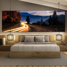 Load image into Gallery viewer, Countryside  Road  Canvas  Print  Blue  Mountains  Landscape  Multi  Canvas  Artwork  Yellow  Car  Lights  Trail 1  Piece  Canvas  Wall  Art For Bedroom
