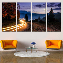 Load image into Gallery viewer, Countryside Road Canvas Print Blue Mountains Landscape Multi Canvas Artwork Yellow Car Lights Trail  4 Piece Canvas Wall Art For Your Living room
